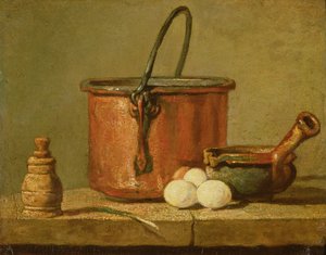 Ainda vida de utensílios de cozinha, caldeirão, frigideira e ovos